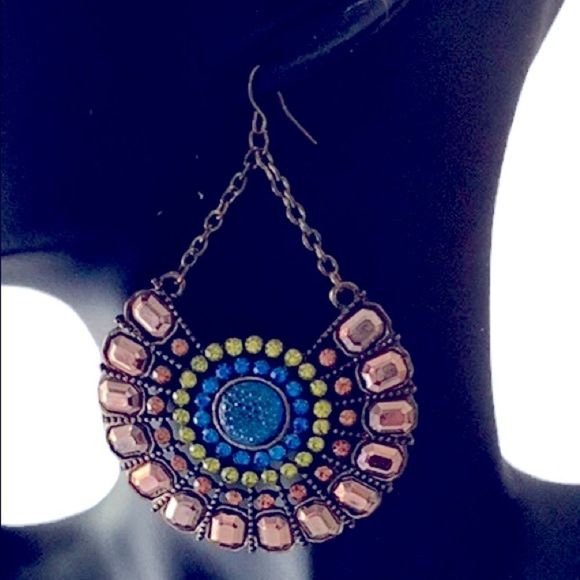 Copper and Sparkle Medallion Statement Pierced Earrings - Blue & Green Stones - Picture 3 of 4